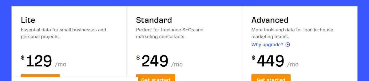 Ahrefs pricing, showing the Lite, Standard and Advanced tiers and their monthly prices