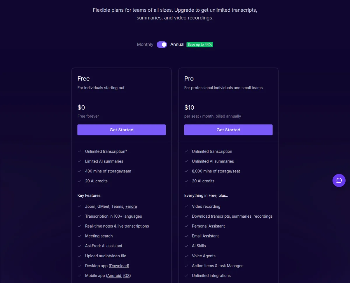Fireflies.ai pricing page showing the Free, Pro, Business and Enterprise plans