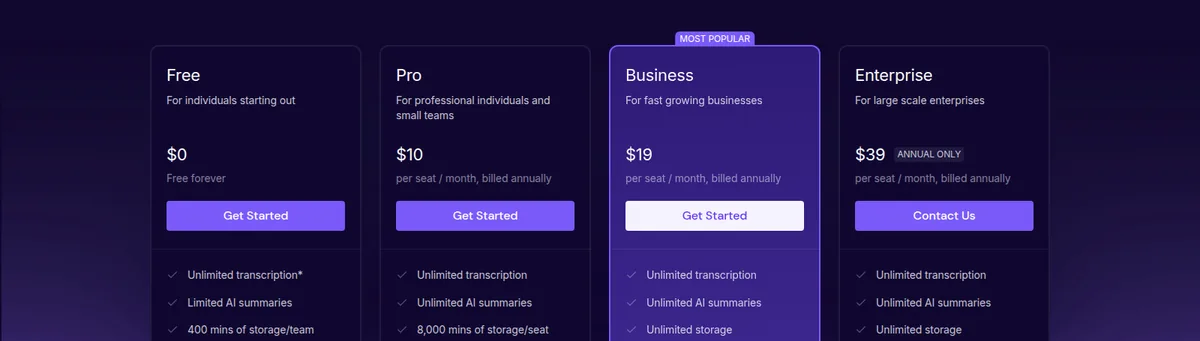 The Fireflies.ai pricing page