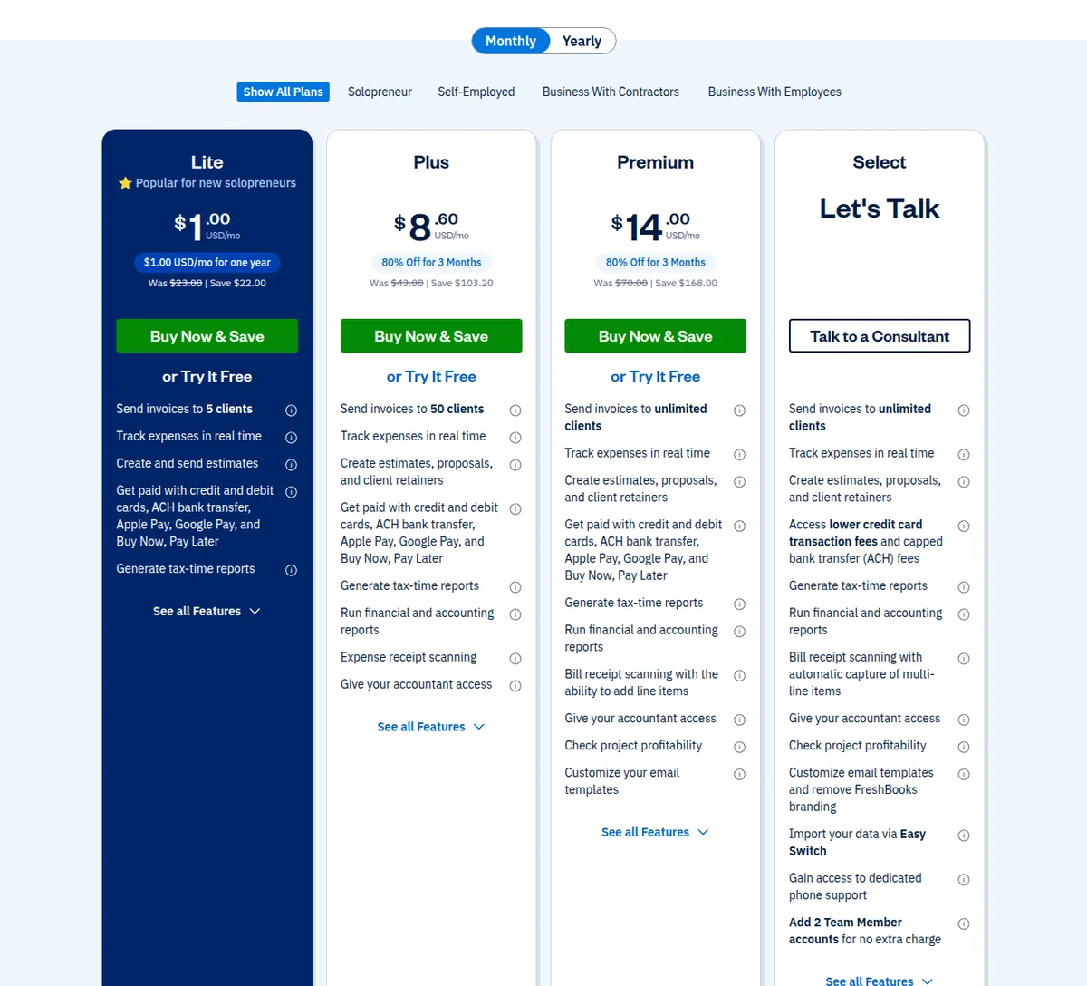 The FreshBooks pricing page