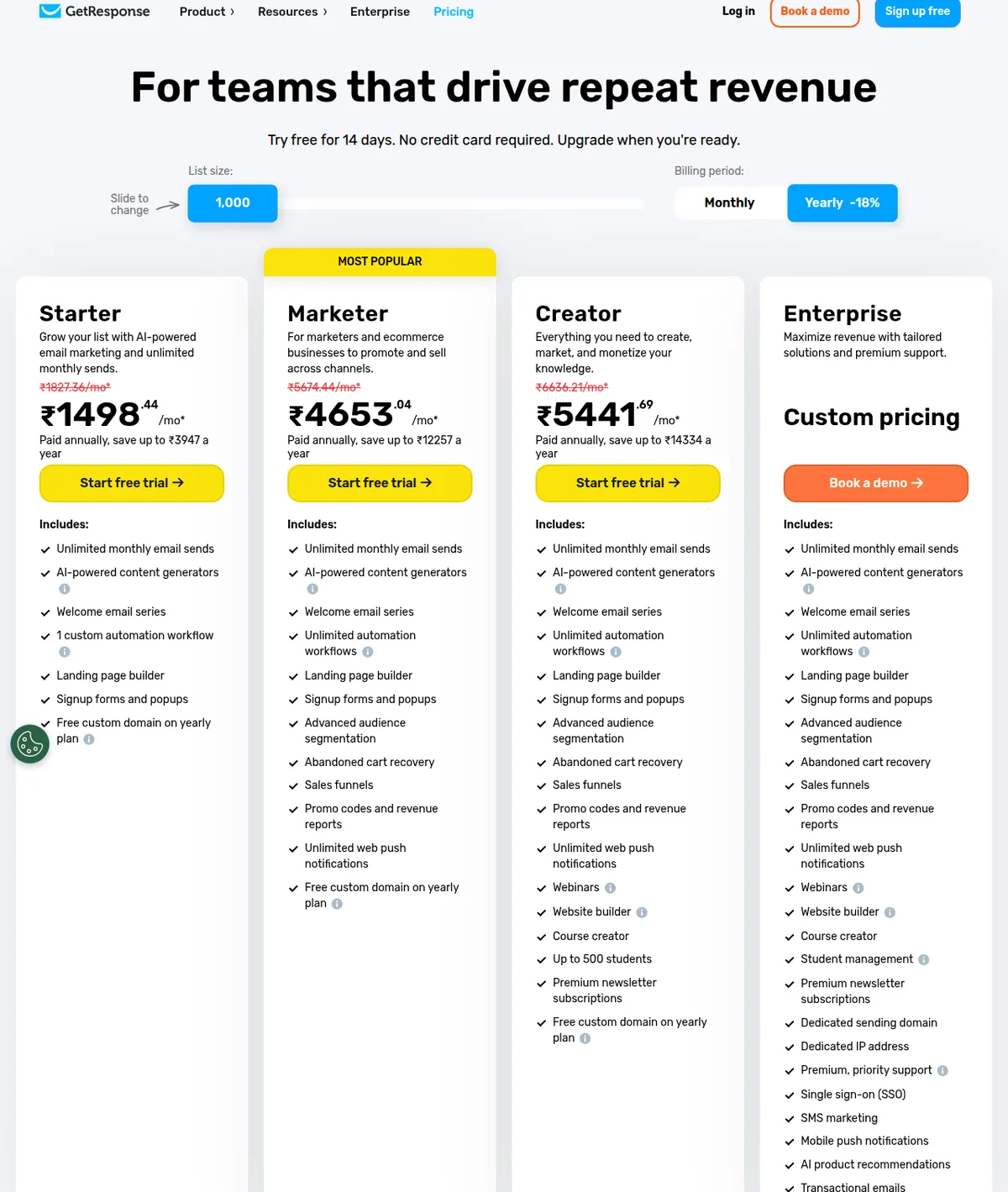 The GetResponse pricing page