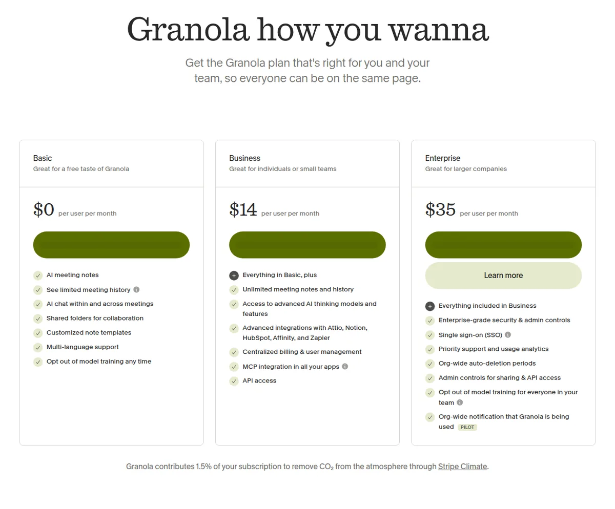 The Granola pricing page