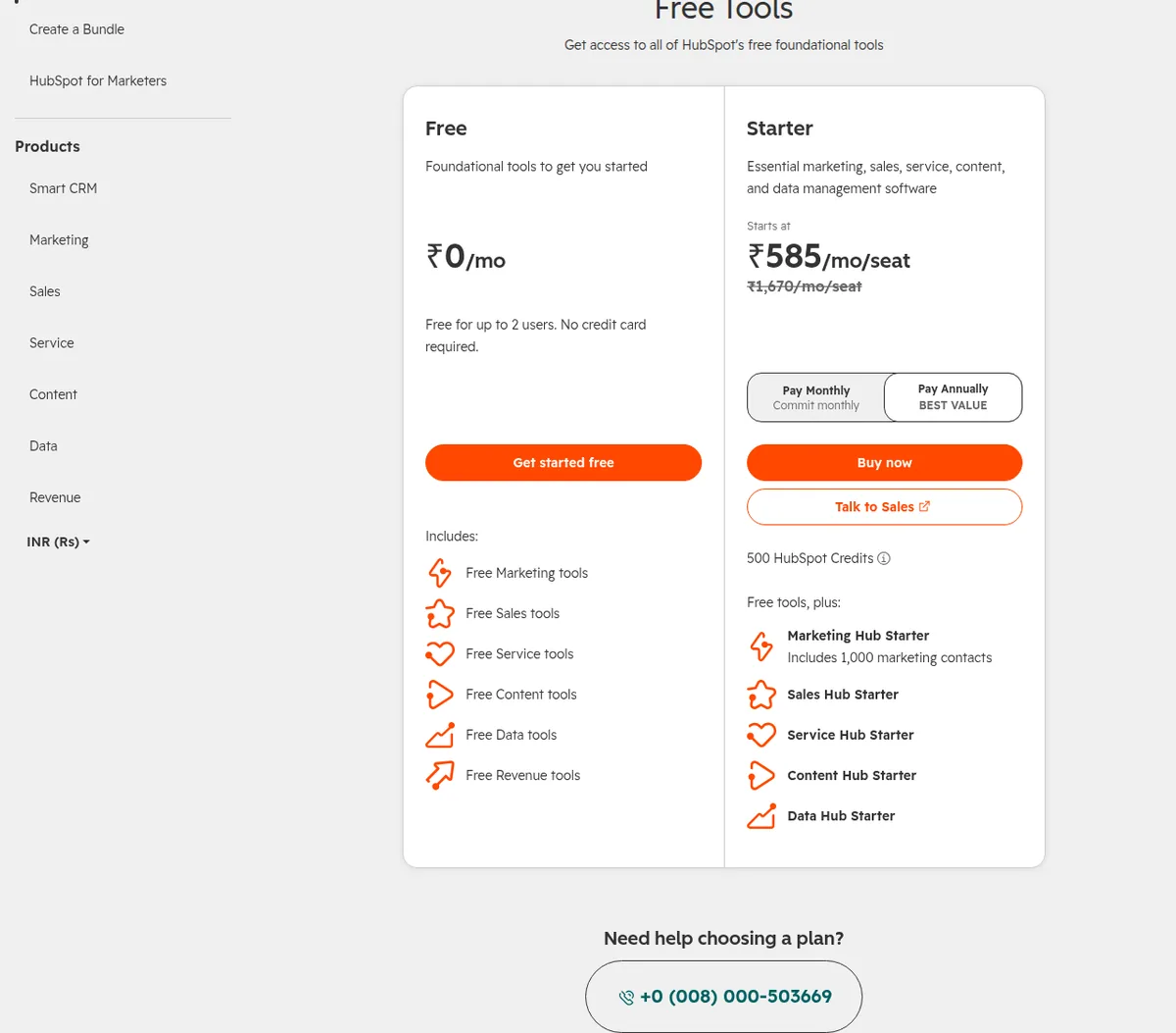 The HubSpot pricing page