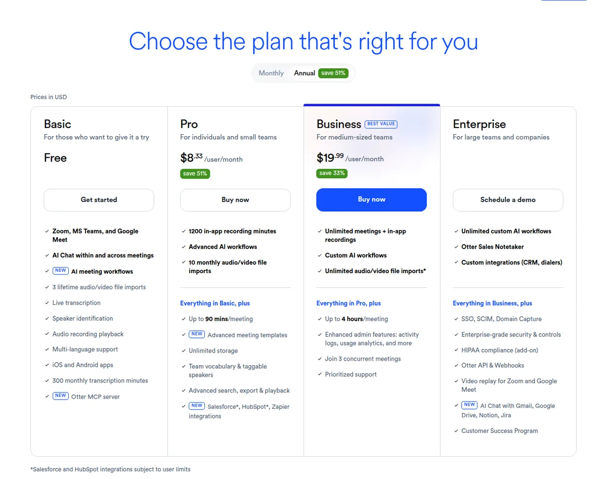 Otter.ai pricing page showing the Basic, Pro, Business and Enterprise plans