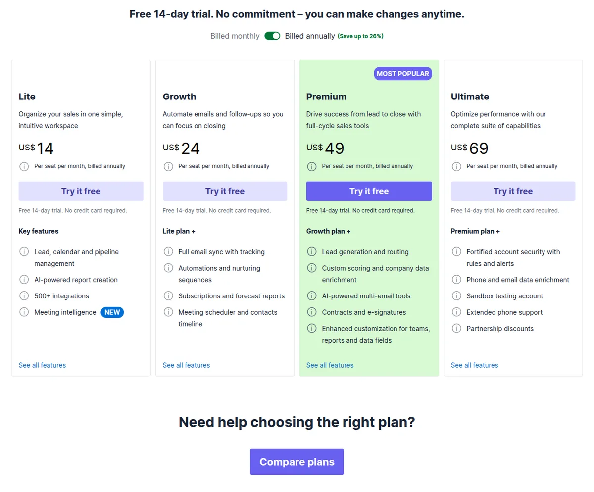 The Pipedrive pricing page